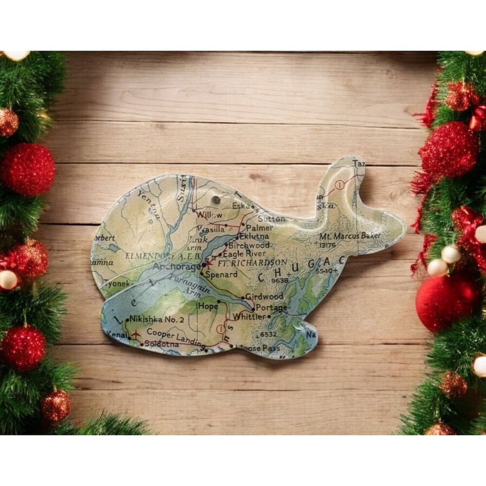 Vintage Whale Shaped Alaska Map Christmas Tree Ornament Anchorage
